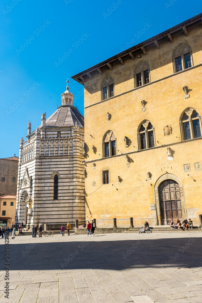Pistoia, Italy, 18 April 2022:  View of the Baptistery of Pistoia