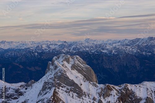 Epic mountain peaks over the Swiss Alps in Appenzellerland viewed from Säntis.