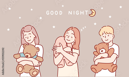 The little girl in pajamas is hugging teddy bear. Hand drawn style vector design illustrations.