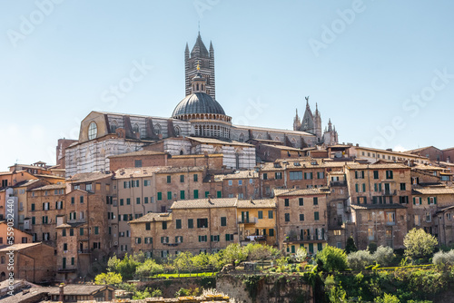 Siena, Italy, 17 April 2022: Beautiful cityscape of the medieval historic center