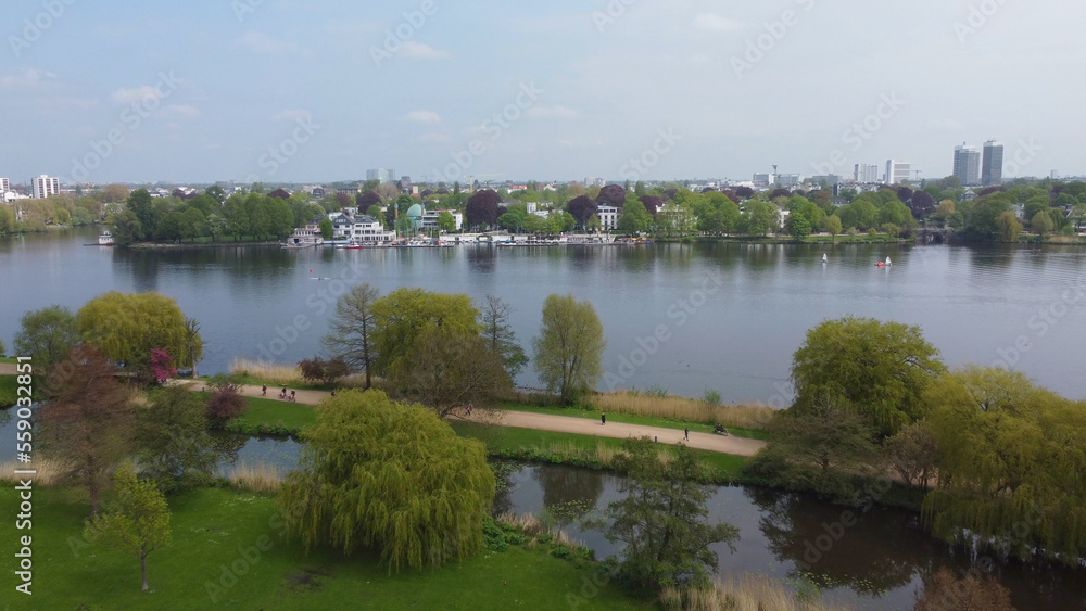 Alster Park at River Alster Lake in Hamburg from above - aerial photography