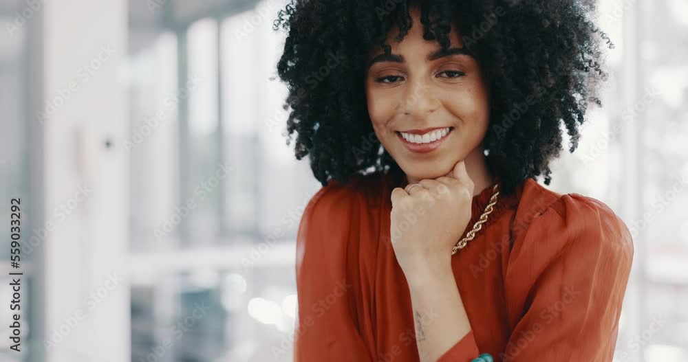 Face, vision and mindset with a business black woman sitting at a desk ...