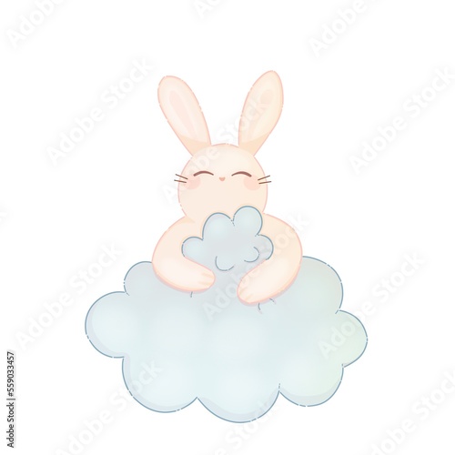 Cute bunny hugging cloud. Calm illustration in pastel colors.  Perfect for children  kids and decoration. Dreamlike