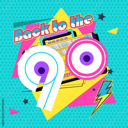 Back in to 90 s. Forever young. The 90 s style label. Let s go retro party 90 s. Vector illustration