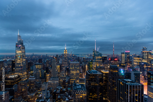 New York City skyline by night with a view of Manhattan