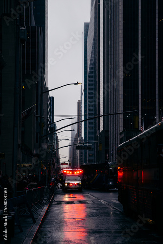 Photography Ambulance in a foggy street of New York City in winter