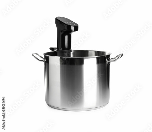Thermal immersion circulator in pot isolated on white. Sous vide cooker