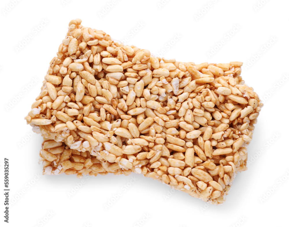 Puffed rice bars (kozinaki) on white background, top view Puffed rice bars (kozinaki) on white background, top view