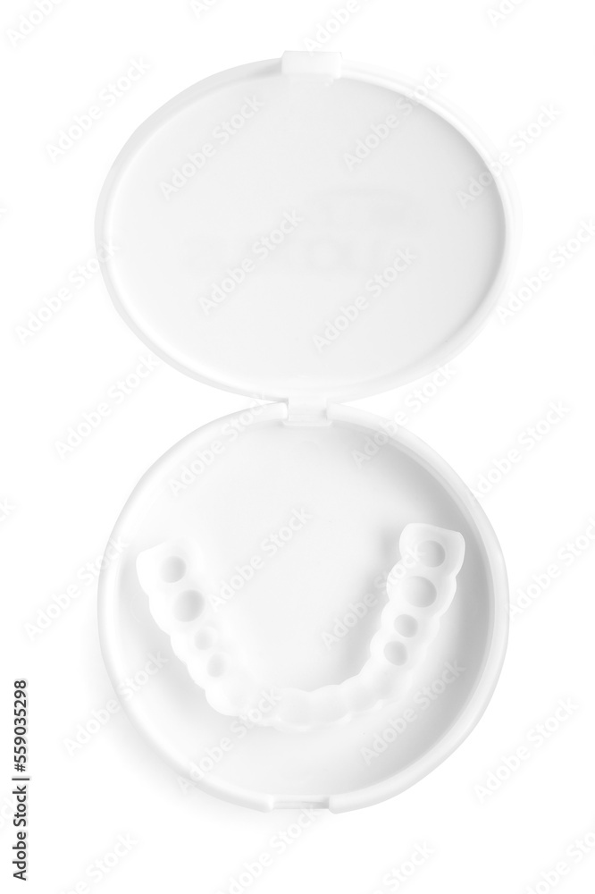 Dental mouth guard in container on white background, top view. Bite correction Dental mouth guard in container on white background, top view. Bite correction
