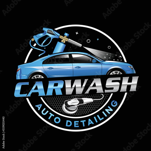 Car wash and auto detailing logo design template with buffer and pressure washer