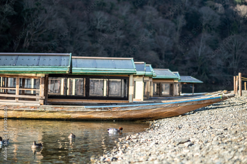Traditional sight seeing boats on the Katsura River, anchored, Kyoto, Japan