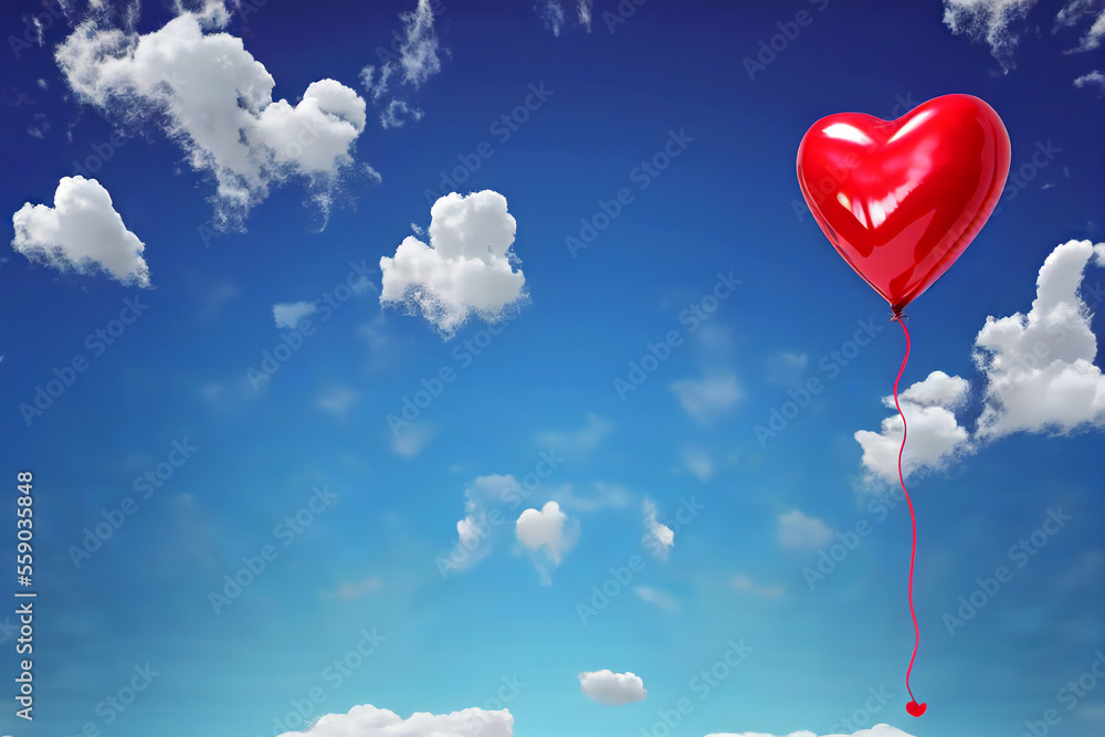 Red Heart Balloon,  Blue Sky, Valentine's Day Background, Generative AI