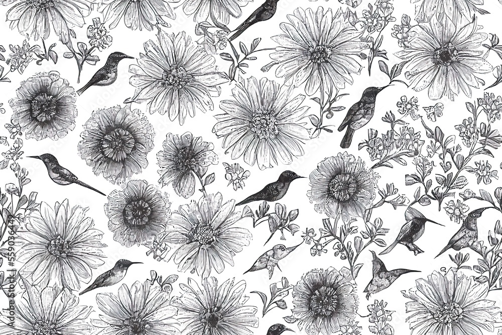 Bird and floral sketch pattern. Flowers and hummingbirds in a vintage style. Generative AI Bird and floral sketch pattern. Flowers and hummingbirds in a vintage style. Generative AI