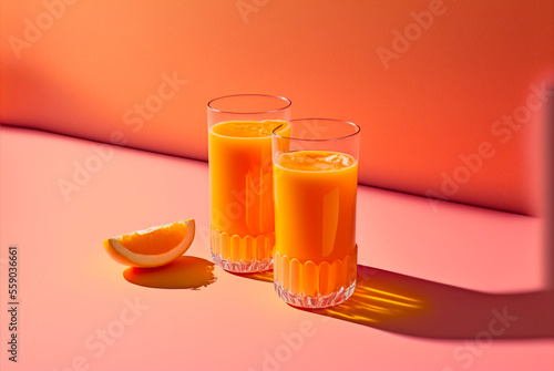 Glasses of orange juice and orange on pastel background photo