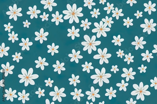 Seamless flower design in the latest modern style. Tiny white flowers repeat endlessly on this pattern. Generative AI