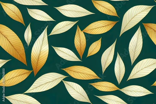 Seamless pattern of tropical foliage in gold and emerald, with a border frame illustration. Generative AI