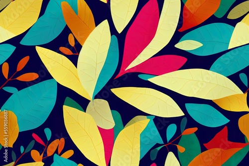tropical backdrop with a wacky pattern of hand-drawn components in bright colors. Structure of Leaves Generative AI