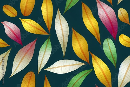 tropical backdrop with a wacky pattern of hand-drawn components in bright colors. Decorational and textile tropical-leaf pattern Generative AI