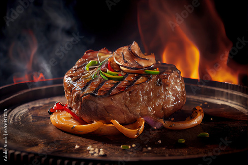 Fotografie delicious steak with mushroom and pepper twirl on grill, fast food backgound