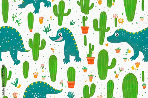cartoon dinosaurs and cactus in a minimalist Scandinavian style. Dino. Generative AI