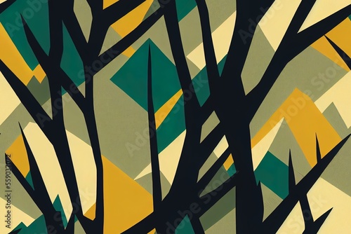 Seamless pattern of wild bobcats and lynxes in a forest setting, illustration Generative AI