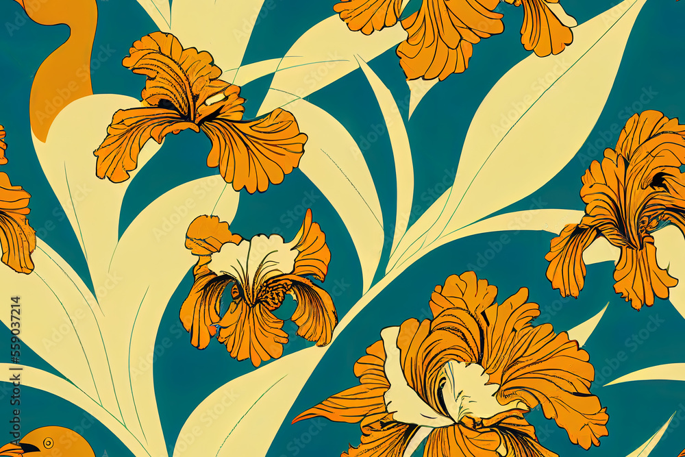 Seamless retro flower design with orange irises and birds on a blue backdrop. This is a image. Generative AI