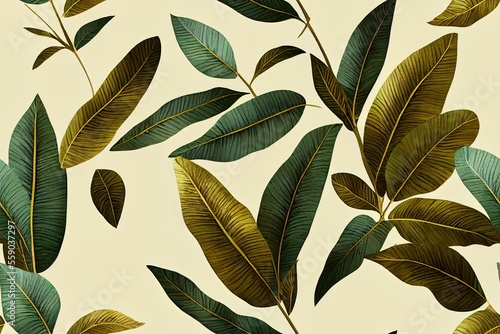 Original golden texture on a beige backdrop with brown and green tropical plants. Generative AI
