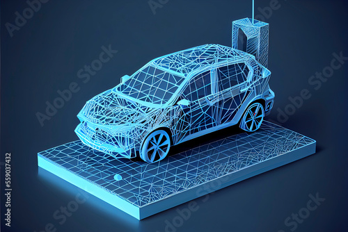 Electric car charger station digital technology. vehicle charging low poly wireframe