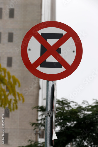 City concept: signpost prohibited stop and park in Sao Paulo city, Brazil