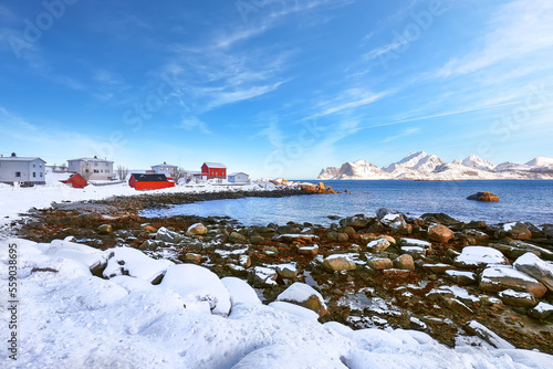 Picturesque winter scenery on Storsandnes fishing village and beach.