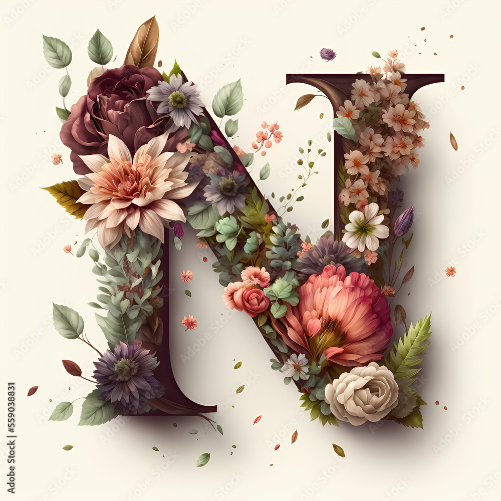 Floral letter N font, Generative AI Stock Illustration | Adobe Stock