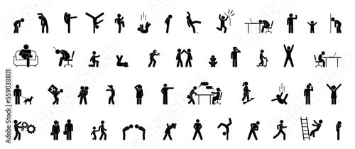 stick figure man icon, isolated human silhouettes, set of various poses and gestures