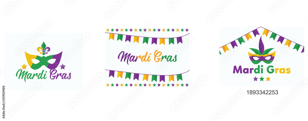 Mardi Gras purple and green text with masquerade mask and fleurs-de-lis, Mardi Gras bunting background with confetti stars, mardigras poster for party or post to social media, set vector illustration