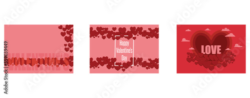 Illustration many hearts, Valentines Day background with realistic hearts, love and valentine's Day with couple sitting on word LOVE in the field, set flat vector modern illustration