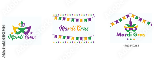 Valokuva Mardi Gras purple and green text with masquerade mask and fleurs-de-lis, Mardi G