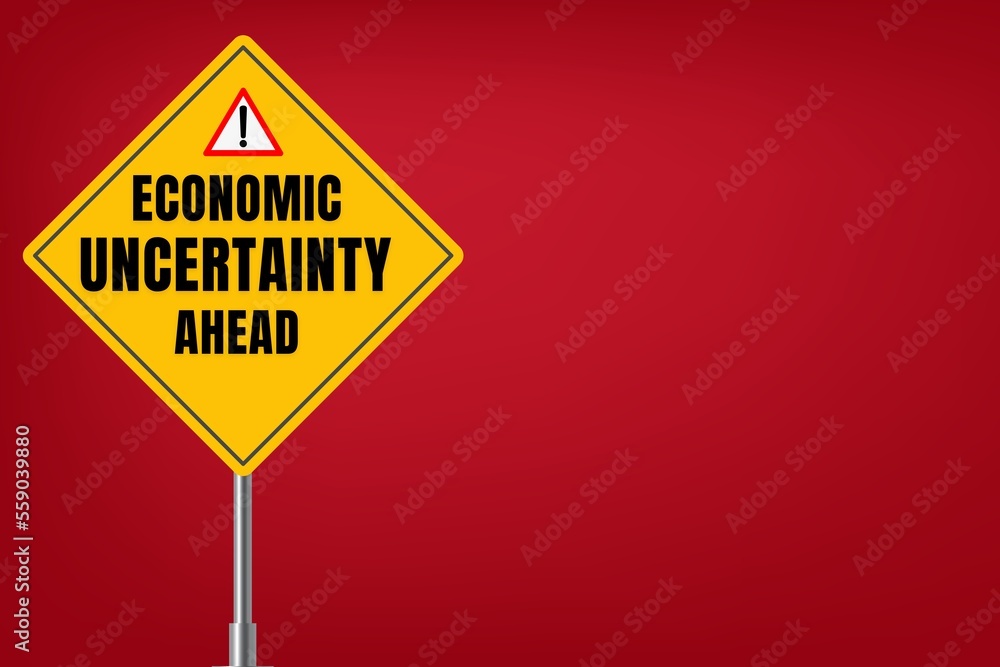 Economic uncertainty ahead in 2023 warning signboard in 3D rendering studio. Economic crash and