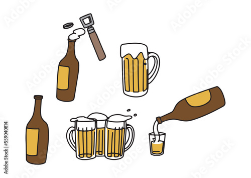 ビールやビールが入ったジョッキのイラストセット