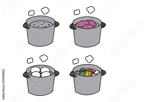 さまざまな食材や調理法に関する蒸し器のイラストセット