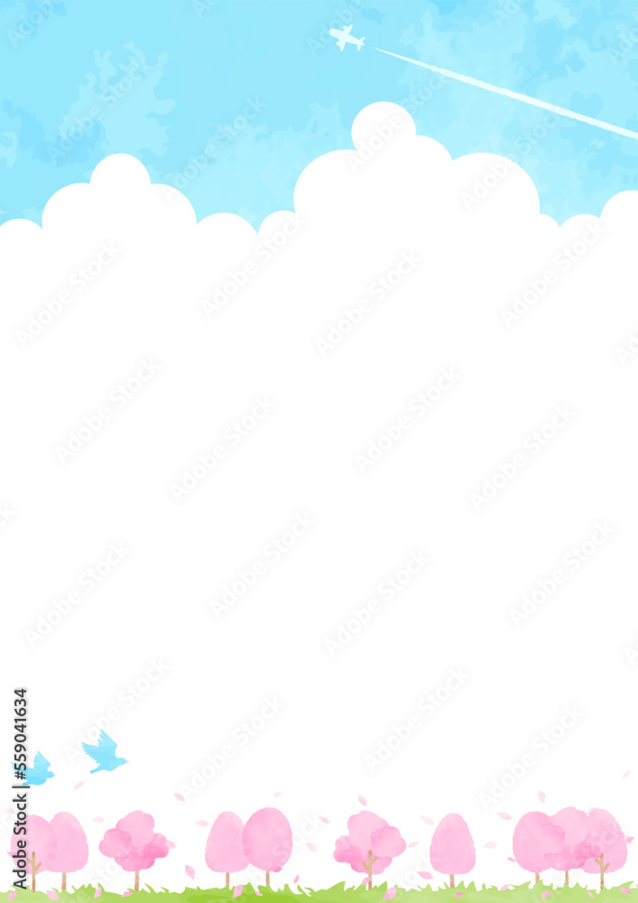 シンプルな桜並木と青空の風景イラスト シンプルな桜並木と青空の風景イラスト