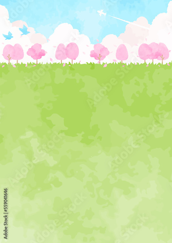 草原と青空と桜並木の風景イラスト