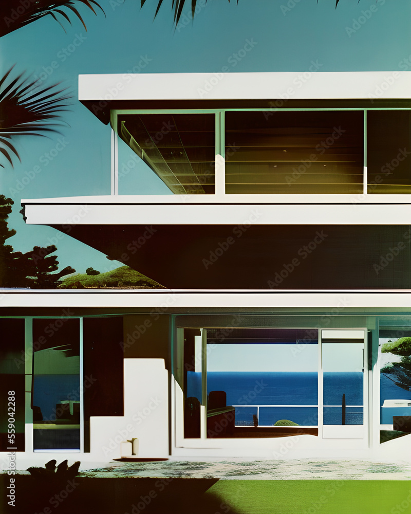 exterior photo of a mid century modern style house overlooking the ocean, daylight, indirect lighting, AD magazine, generative ai