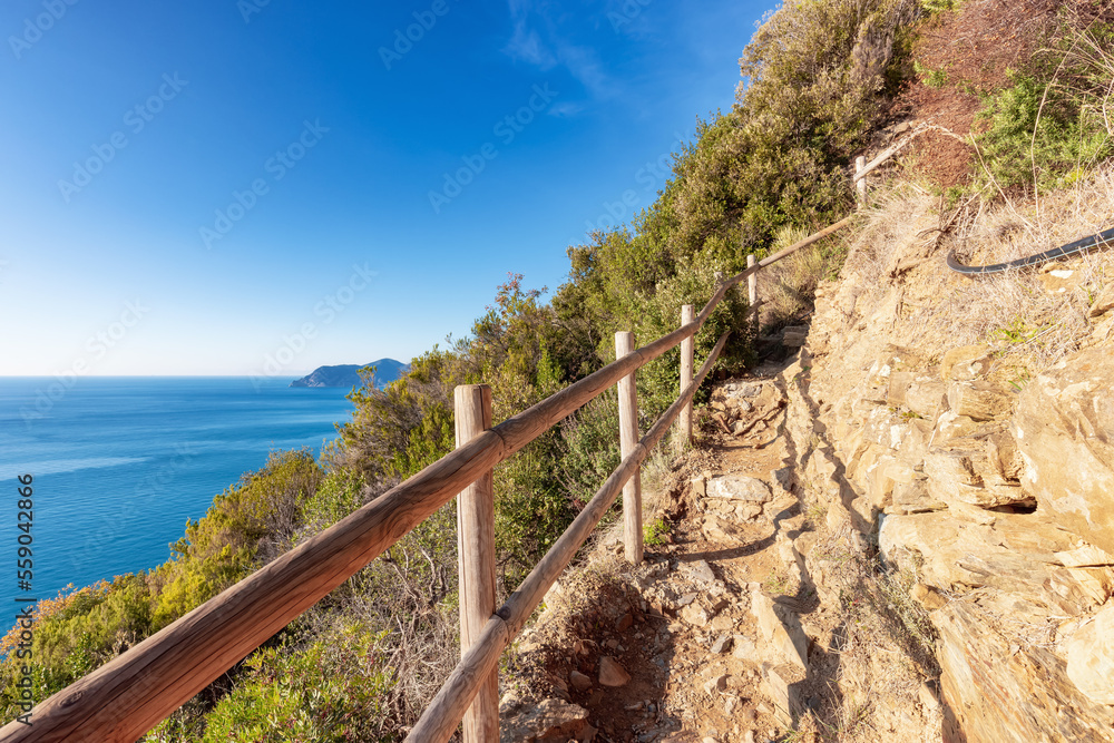Hiking path near touristic town, Riomaggiore and Manarola, Italy. Cinque Terre National Park