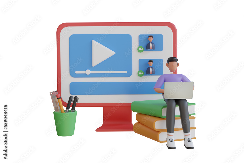 Online education concept. Digital Video Online Education on laptop. Online training courses, retraining, specialization, tutorials. 3d illustration
