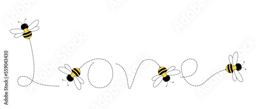 Bee love icon. love shaped dotted bee trail. bee white background