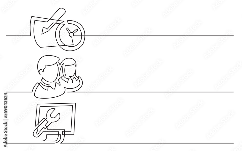 PNG image with transparent background of continuous line drawing of business icons: calendar with clock, persons icon, computer control panel PNG image with transparent background of continuous line drawing of business icons: calendar with clock, persons icon, computer control panel