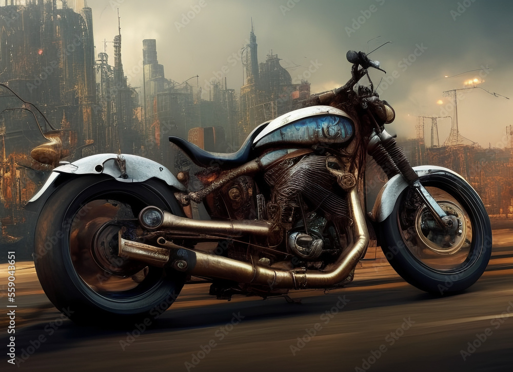 Illustration of a motorcycle with brass pipe in steampunk style. Against the backdrop of a foggy ruined city of the future. Generative AI technology. Illustration of a motorcycle with brass pipe in steampunk style. Against the backdrop of a foggy ruined city of the future. Generative AI technology.