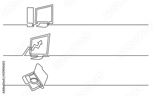 PNG image with transparent background of continuous line drawing of business icons: desktop computer, diagram, search folder