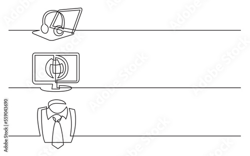 PNG image with transparent background of continuous line drawing of business icons: headphones with laptop computer, display with world map, business tie