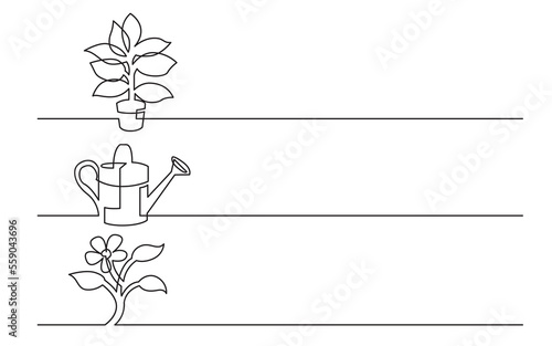 PNG image with transparent background of continuous line drawing of business icons: home plant, watering can, flower