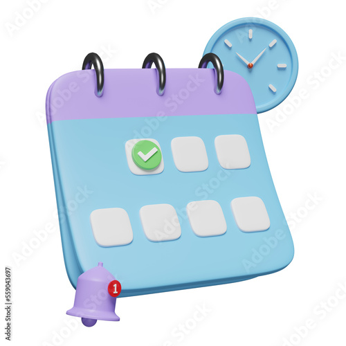 3d calendar with clock, checkmark icons, marked date, notification bell isolated Fototapet